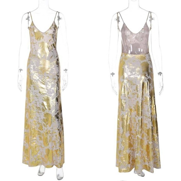 Commense Slinky Gold Print Maxi Dress, Sleeveless Evening Gown Open Back Party S - Picture 8 of 8
